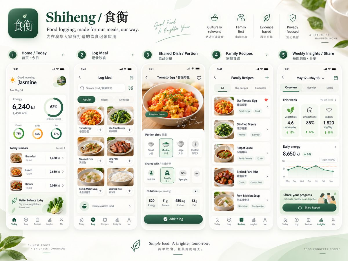 Concept board of 食衡 phone screens for today, logging, recipes, and weekly insights