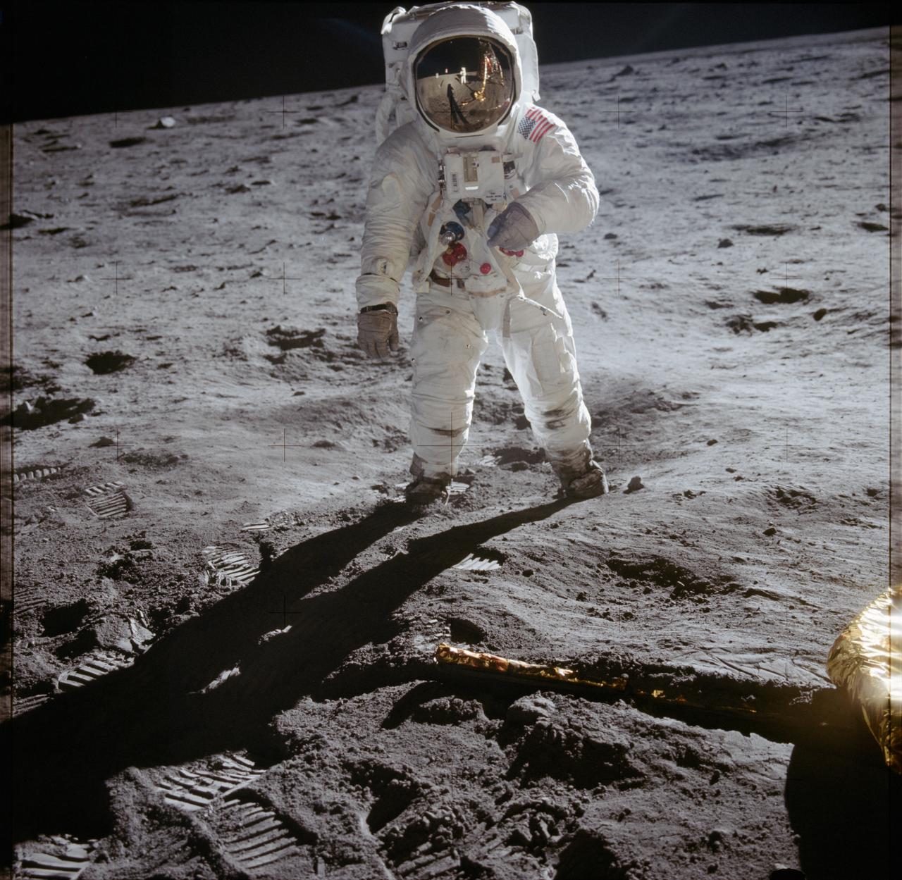 Apollo 11 astronaut Buzz Aldrin standing on the Moon, a source image used by the 1969 interactive pilot